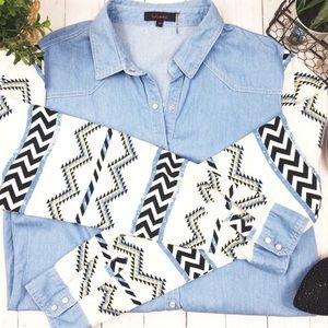 Lulumari Chambray Denim Button Down Shirt Aztec Tribal Print Sleeves